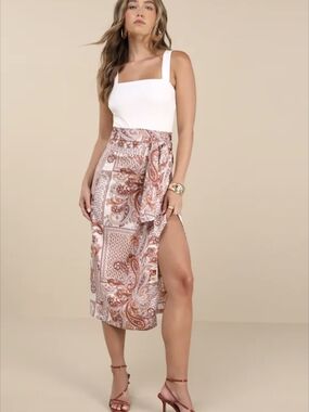Lulu's Cream Midi Wrap Skirt with Rust Paisley
